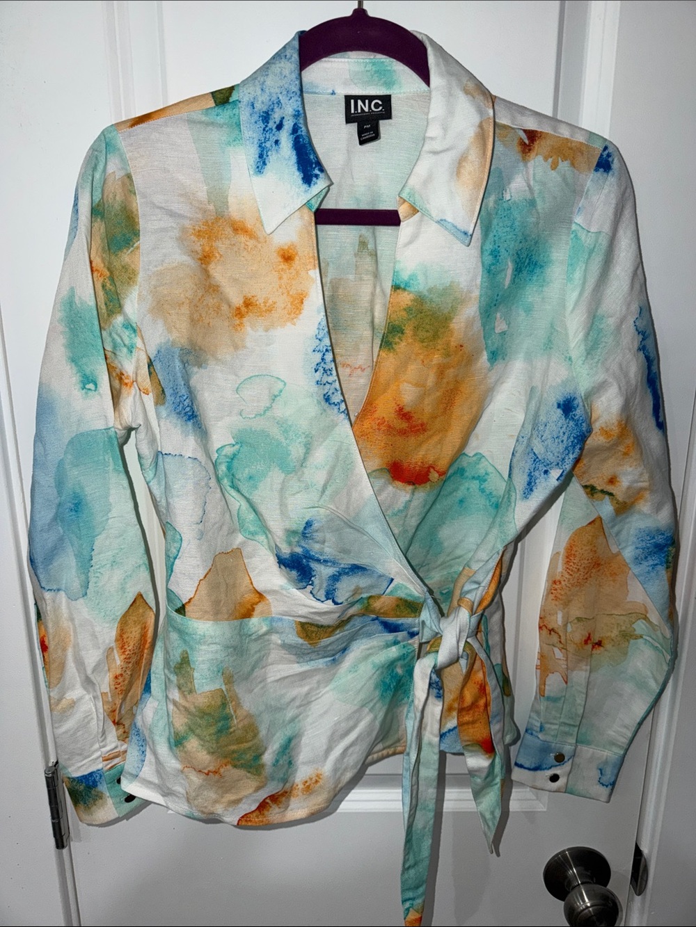 INC International Concepts Teal, Aqua & Orange Watercolor Wrap Blouse